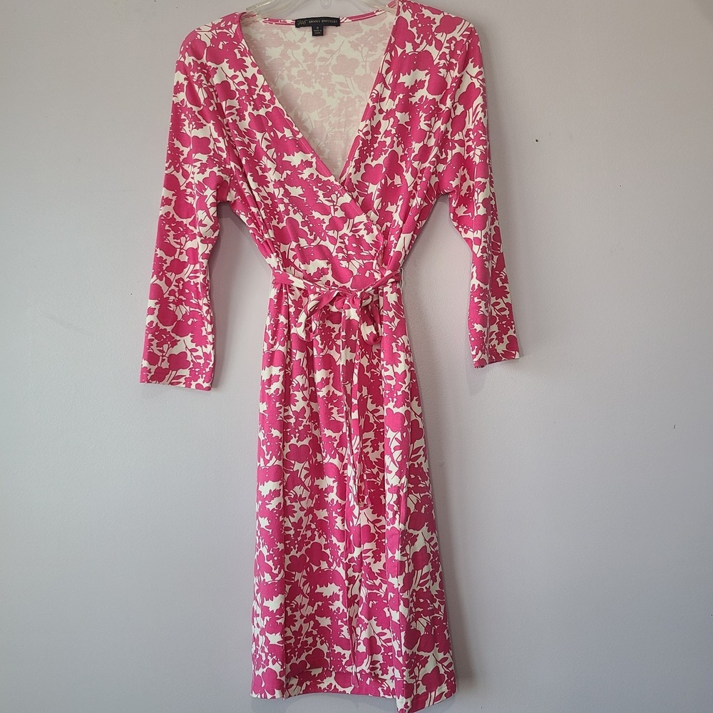 Brooks Brothers Pink White Floral Wrap Dress  V-Neck 3/4 Sleeve Tie Waist Size S